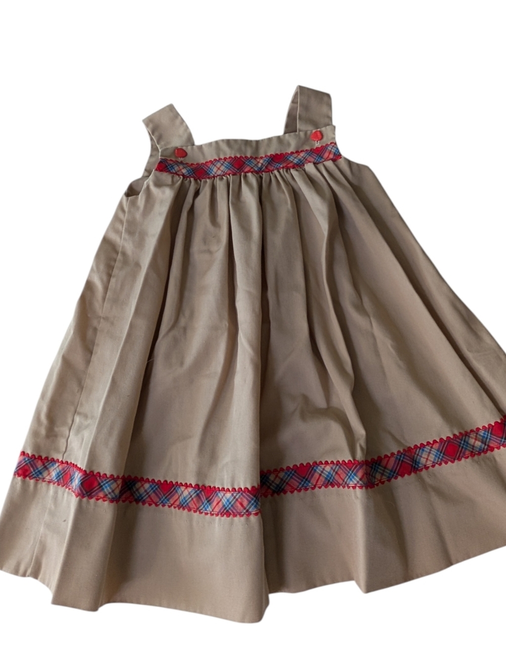 80s Vintage Girls Tan Red Plaid Dress With Strawberry Buttons Size 5